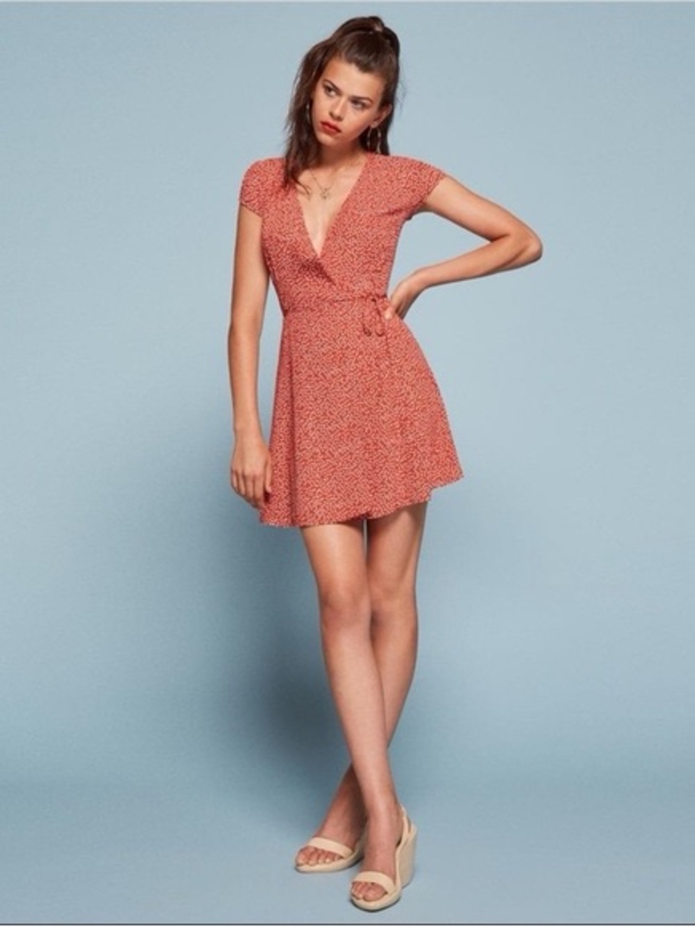 Reformation Rust-Red Floral Wrap Mini Dress
